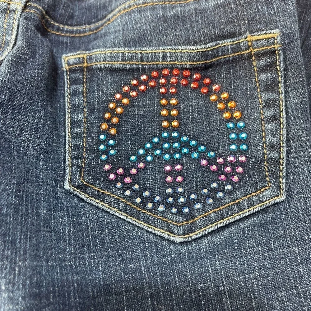 Justice Girls Embellished Jeans Rainbow Peace Design Size 14S (Slim)